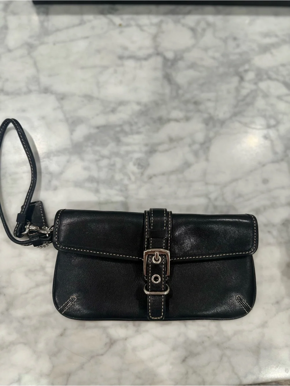 Coach Black Leather Mini Wristlet with Silver Buckle